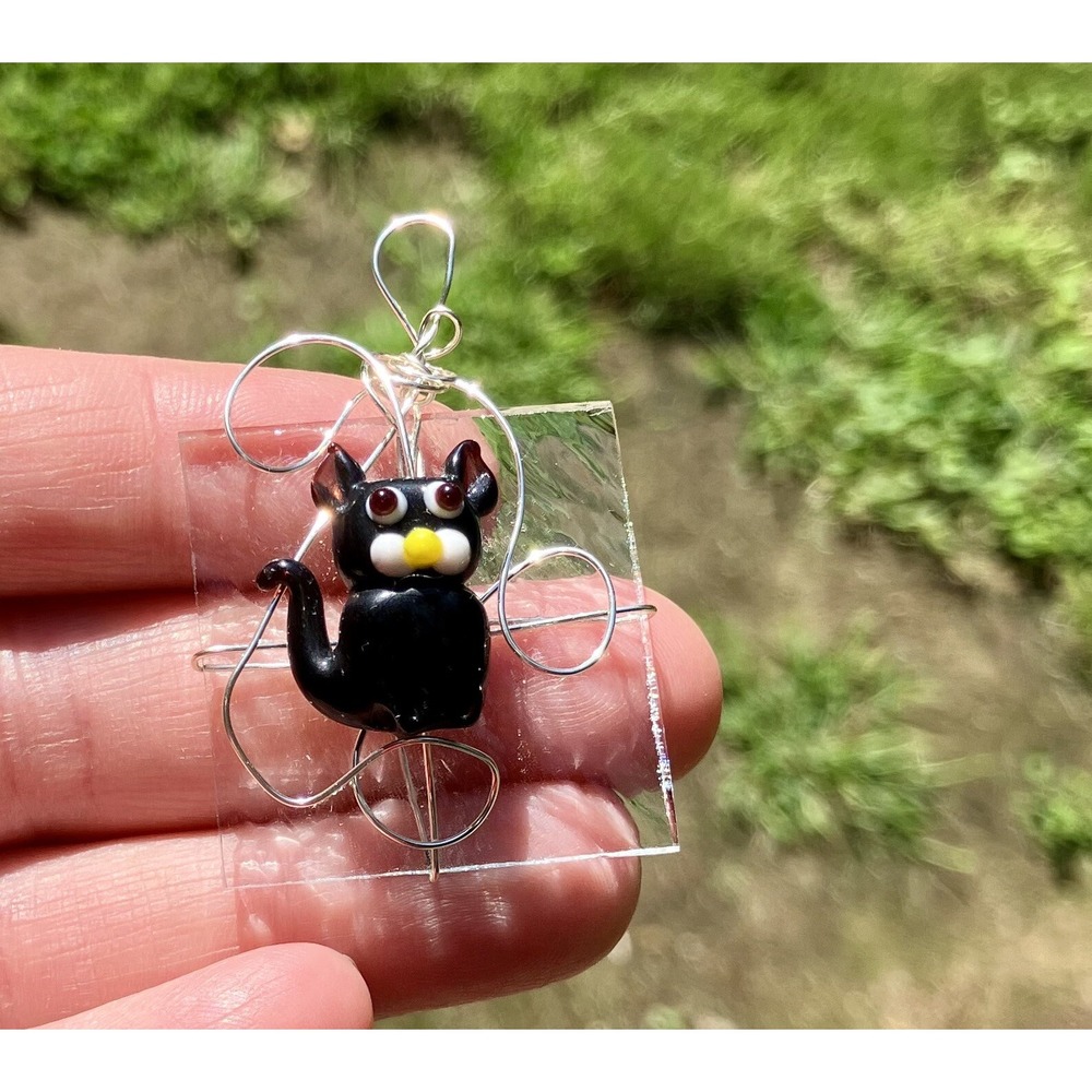 Handmade Black Cat Glass Tile Pendant Artisan Wire Wrapped Whimsical Jewelry